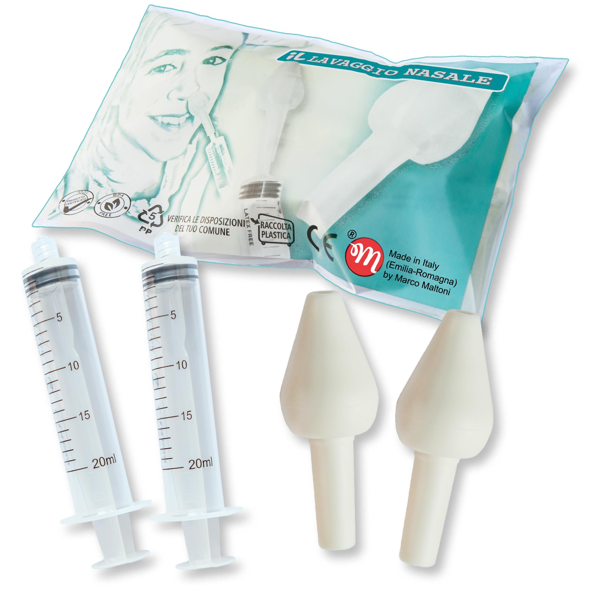 Set irrigatore nasale per LAVAGGIO NASALE, IGIENIZZABILE BY MARCO MALTONI, MADE IN EMILIA-ROMAGNA, 2 OLIVE NASALI GOMMOSE SMALL e 2 SIRINGHE da 20 ml