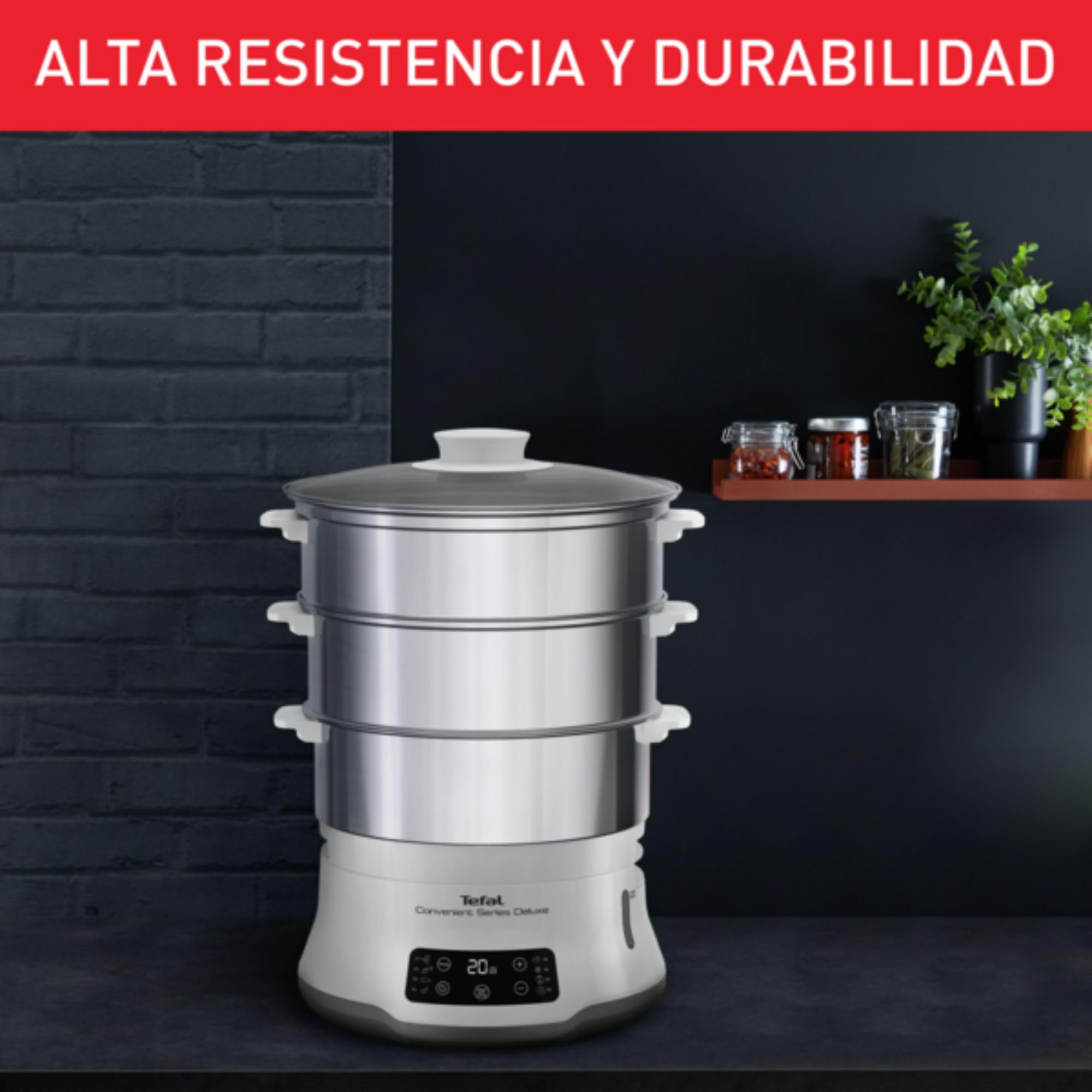 Tefal Vaporera eléctrica Convenient Series Deluxe VC502D - Vaporera cocina vapor de 900 W, 8 programa de cocción, bol acero inoxidable, hasta 3 platos a la vez, panel de control táctil, fácil limpieza
