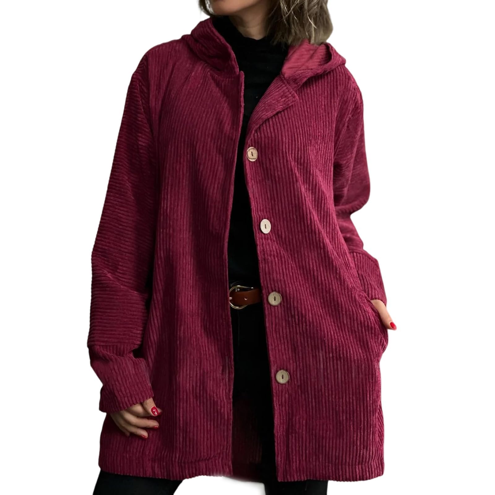 Womens Fall Corduroy Jacket with Hood Casual Button Down Hooded Shirt Long Sleeve Oversized Up V Neck Blouses
