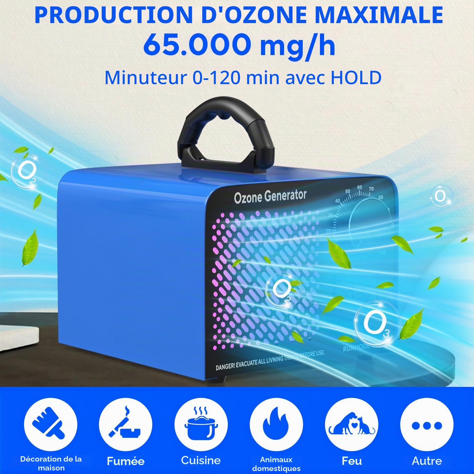 Générateur d'Ozone 65 000 mg/h, Appareil Ozonisateur Industriel O3 avec Minuterie de 120min, Température, Humidité, Appareil à Ozone Jusqu'à 300 ㎡, Ozoniseur O3 pour Garage, Appartement, Hôtel