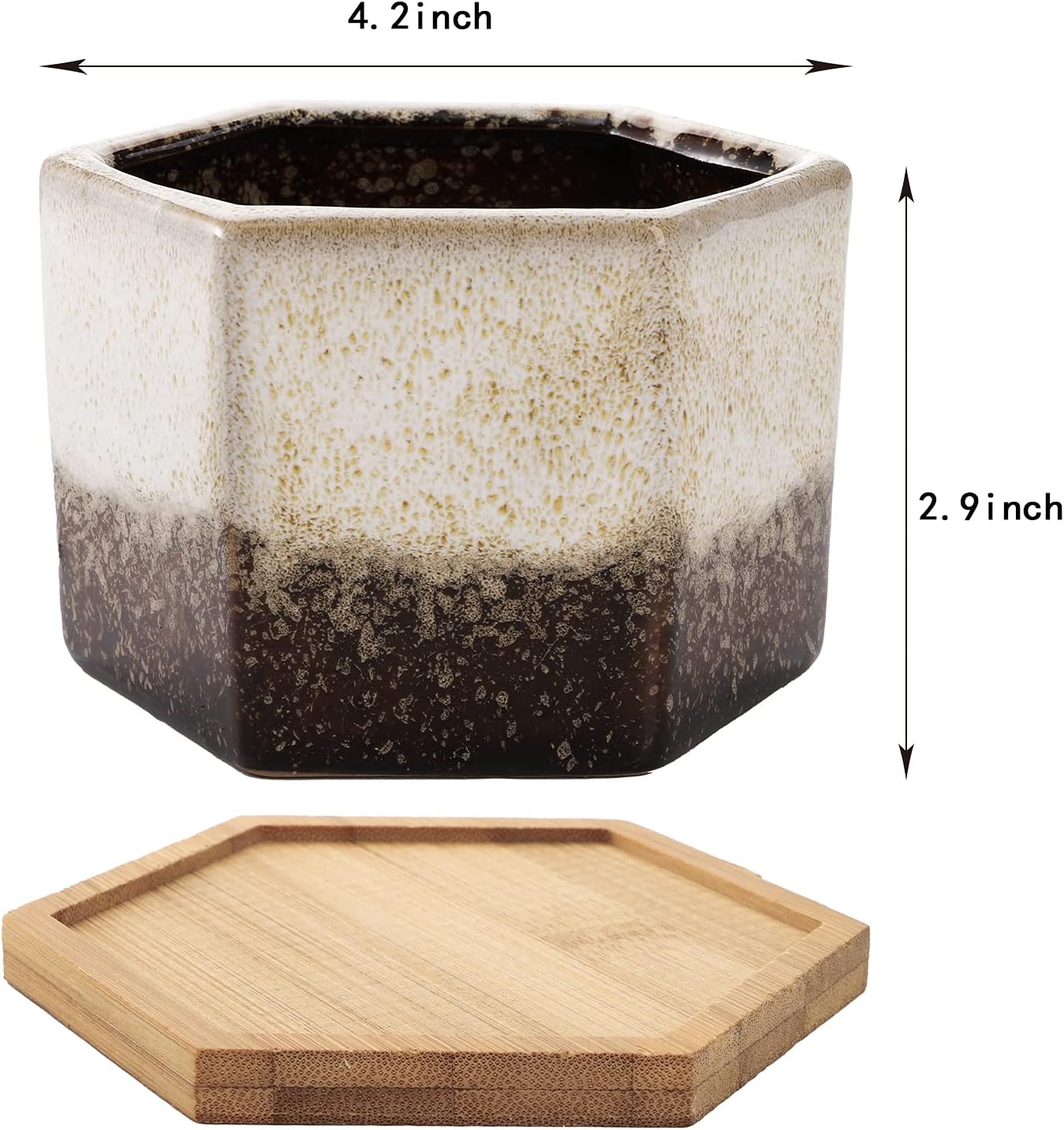 TOPZEA Set of 5 Succulent Planter Pots, 4.2 Inch Hexagon Glazed Ceramic Small Cactus Pot, Geometric Mini Flower Plant Container with Drainage Hole & Bamboo Tray for Home, Office, Windowsill, Desk