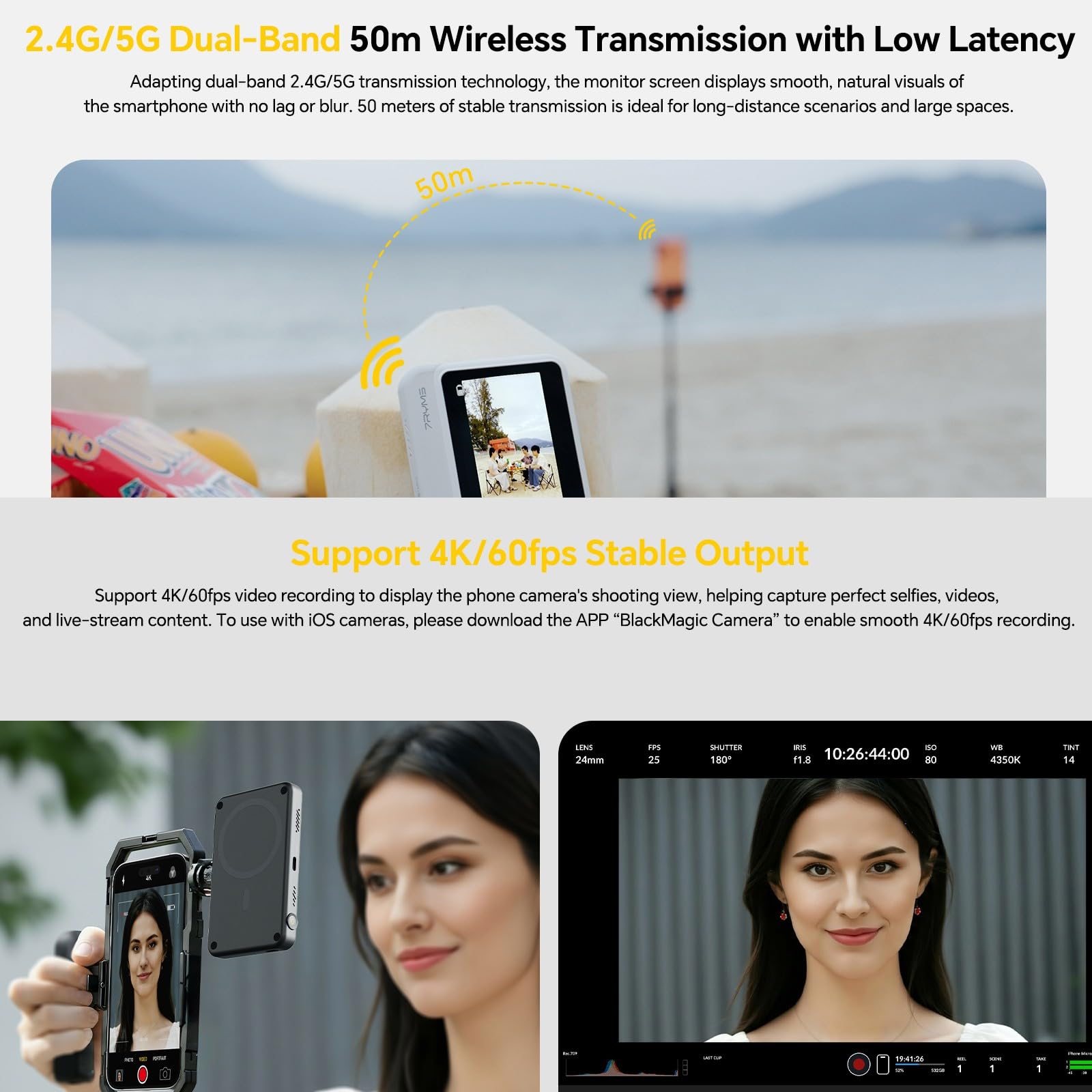 7RYMS Qshot V2 Pro Écran de Surveillance Selfie 3,1" pour iPhone et Android - Modes Filaire/sans Fil, sortie 4K/60ips, Double Bande 2,4 GHz/5 GHz, Idéal pour les Vlogs et le Streaming en Direct - Noir | Modes Filaire/sans Fil,sortie 4K/60ips, Double Bande