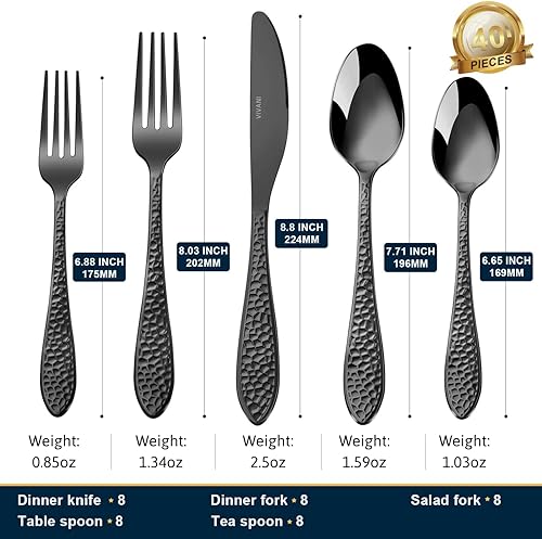 Miniatura 2 de VIVANI Juego de cubiertos negros de 40 piezas para 8, cubiertos negros de acero inoxidable, juego de cubiertos martillados para el hogar, boda,
