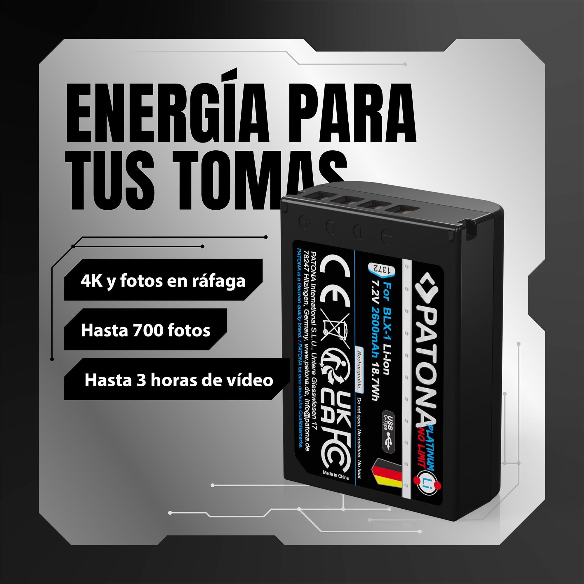 PATONA 2X USB-C Platinum Batería para Olympus BLX-1 BLX1 2600mAh | Batería para OM-1, OM1, OM-3, OM3 – con carga directa, con protección antisobrecarga y anticortocircuito