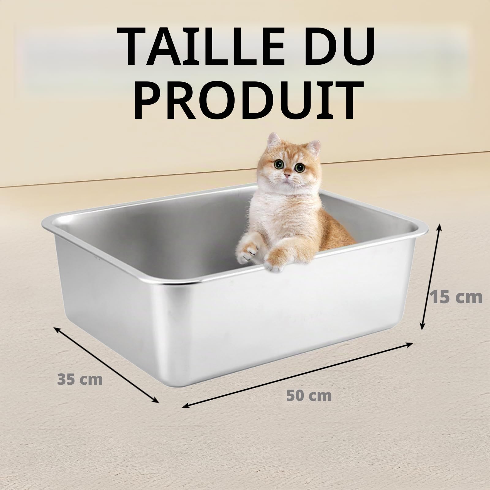 Bac à litière pour chat - Grand bac à litière pour chat - 50 x 35 x 15 cm - Sans odeur - Antiadhésif - Surface lisse (50 x 35 x 15 cm)