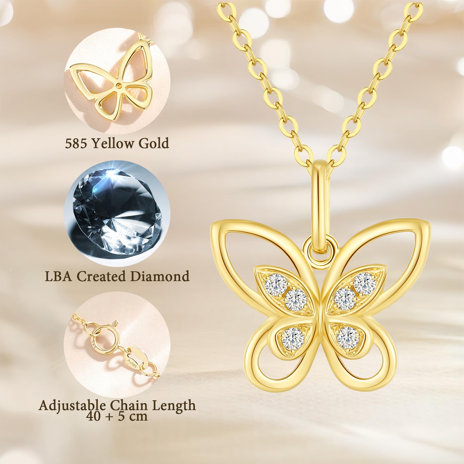 FANCIME Solide 14 Karat 585 Gelb Gold Damen Kette mit Schmetterlings Anhänger Halskette Valentinstag Geschenkschmuck für Damen Mädchen, Echter Diamant 0.07 ct, Verstellbar Kettenlänge: 40 + 5 cm