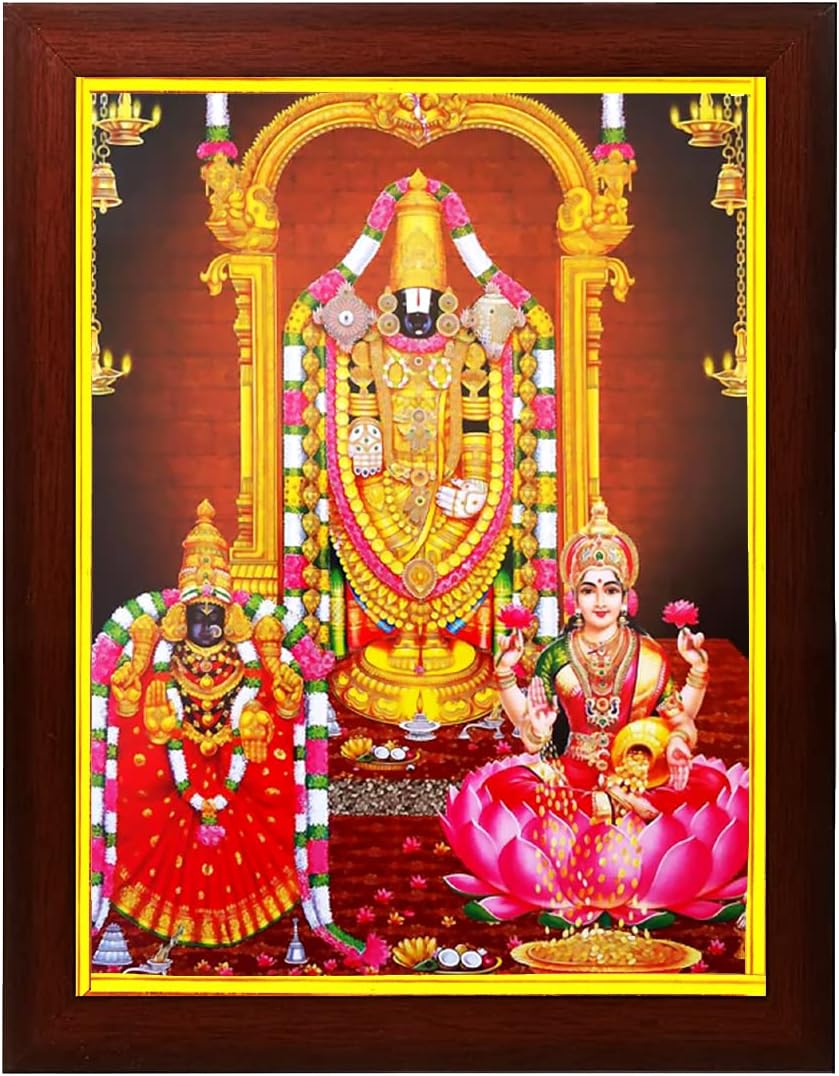 zig zag Lord Sri Tirupati Venkateshwara Swamy with Padmavati & Lakshmi Devi Photo Frame For wall table / room Size Medium ( 13.5x9.5 inches, Acrylic Glass)