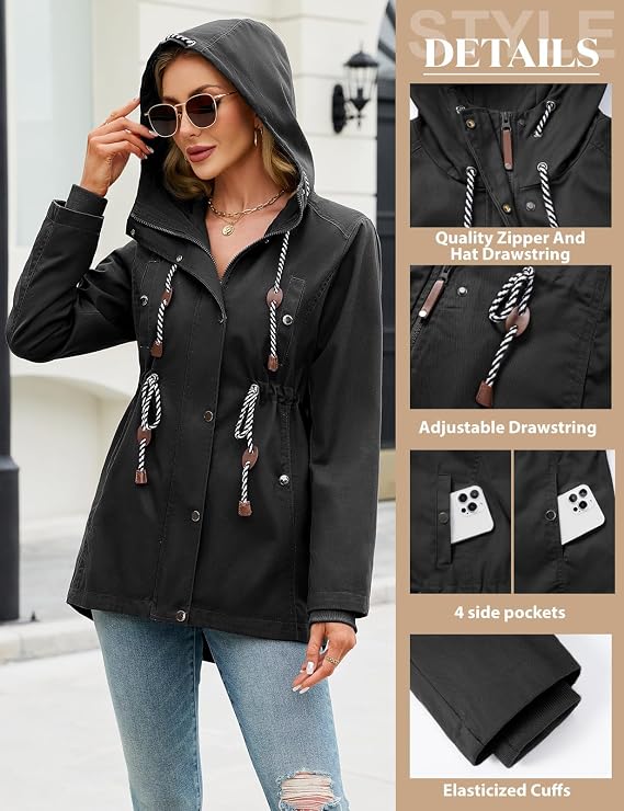 CMTOP Jackets For Women Casual Hooded Softshell Jacket Drawstring Zip Up Parka Lightweight Outdoor Windbreaker with Pockets Windproof Transition Coats for Spring Fall