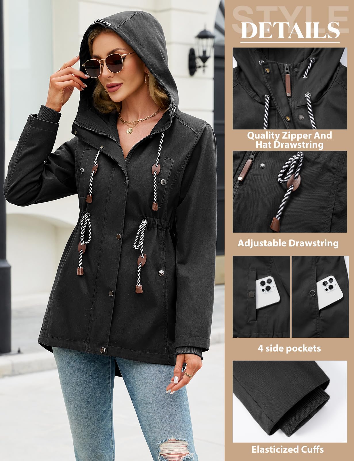 CMTOP Chaqueta Mujer Primavera Cazadora Ligero Algodón Parka Militar Elegante con Capucha Abrigo Práctica con Cordón Ajustable Chaquetas Informal de Verano