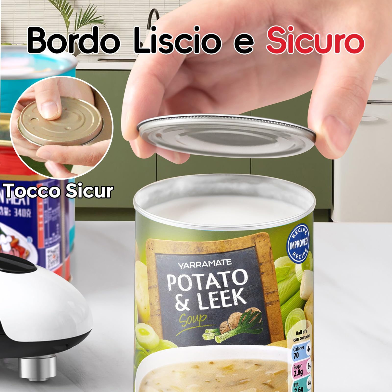 YARRAMATE Apriscatola elettrica ricaricabile – apriporta scatola di conservazione automatica a un tasto, bordo liscio, mani libere per anziani, con borsa portaoggetti, portatile da viaggio campeggio