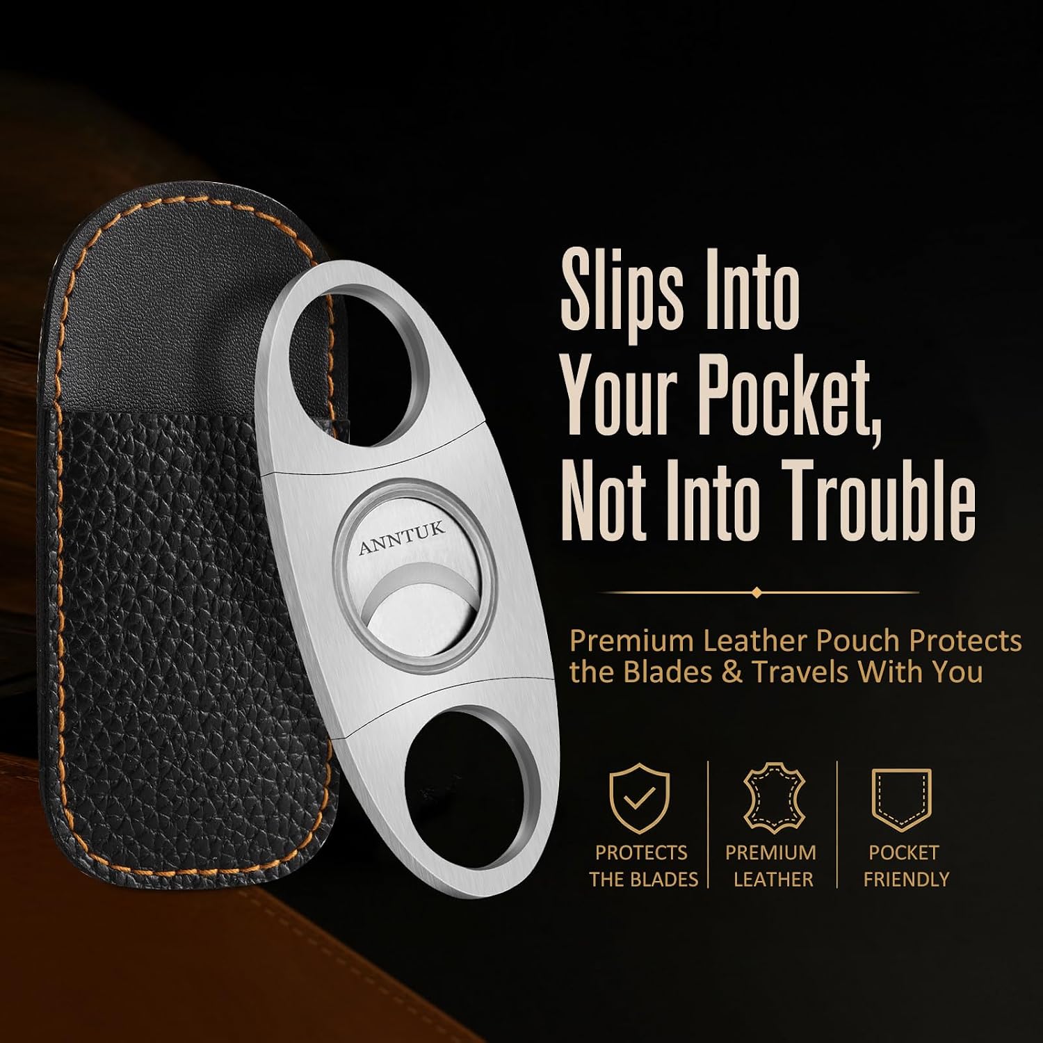 Cigar Cutter with Leather Pouch, Stainless Steel Guillotine Cutter, Bronze image 4