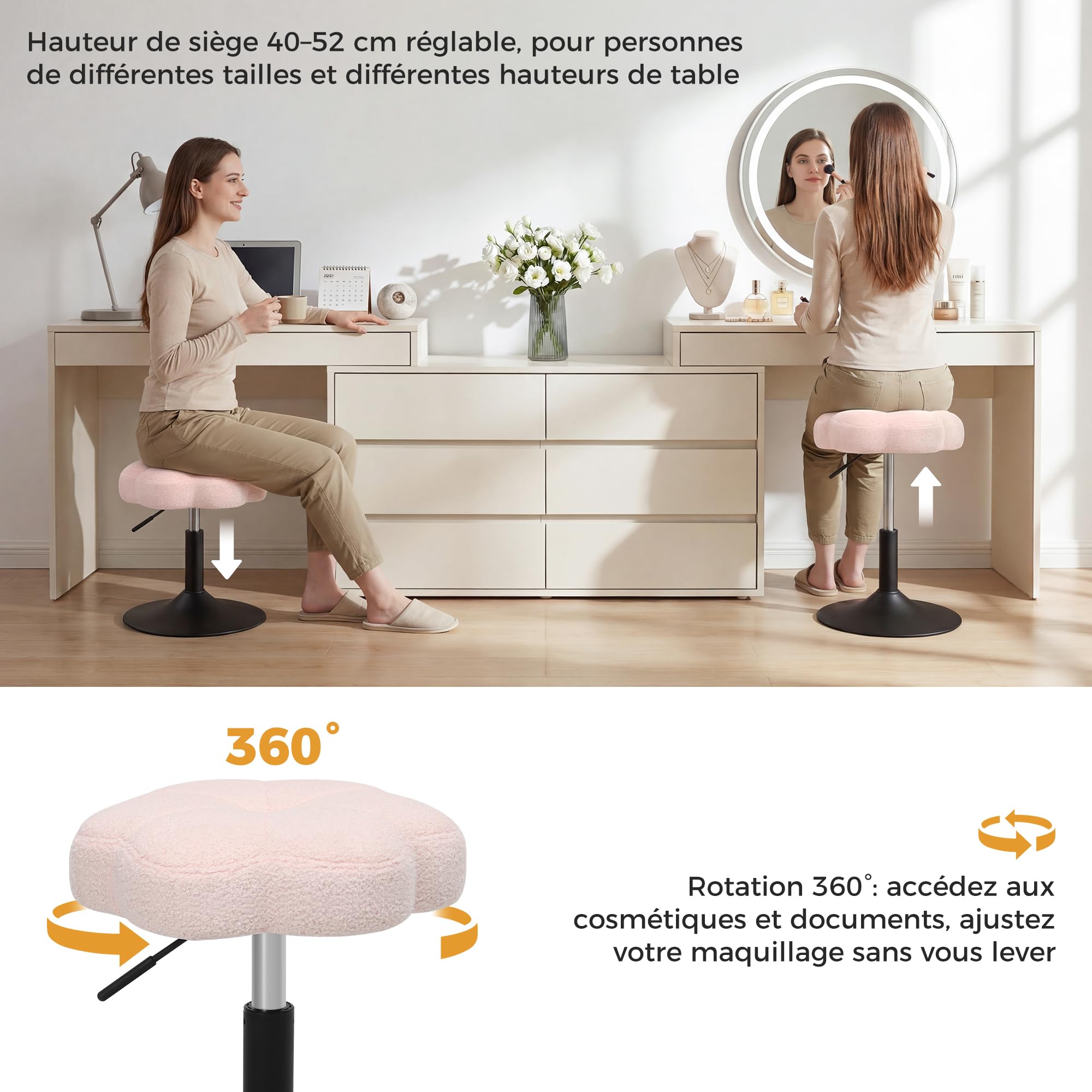 ELUCHANG Tabouret de Coiffeuse, Chaise de Maquillage, Rose Sherpa Tabouret en Forme de Pétale pour Chambre à Coucher, Salon, Bureau à Domicile, 360° Pivotant & Réglable en Hauteur