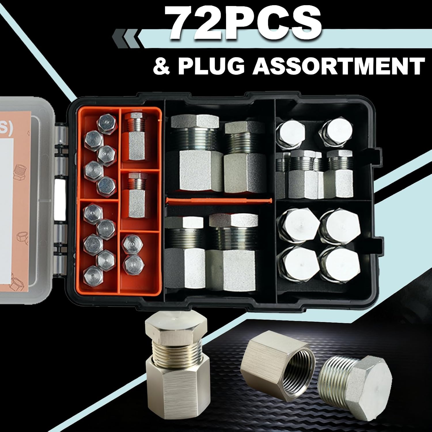 HILLHOUSE 72 Pcs Hydraulic Hose Caps and Plugs Kit, NPT Cap and Plug Assortment Kit, Flare Threads Hydraulic Hose Fittings, Carbon Steel, Size 2 4 6 8 10 12 16