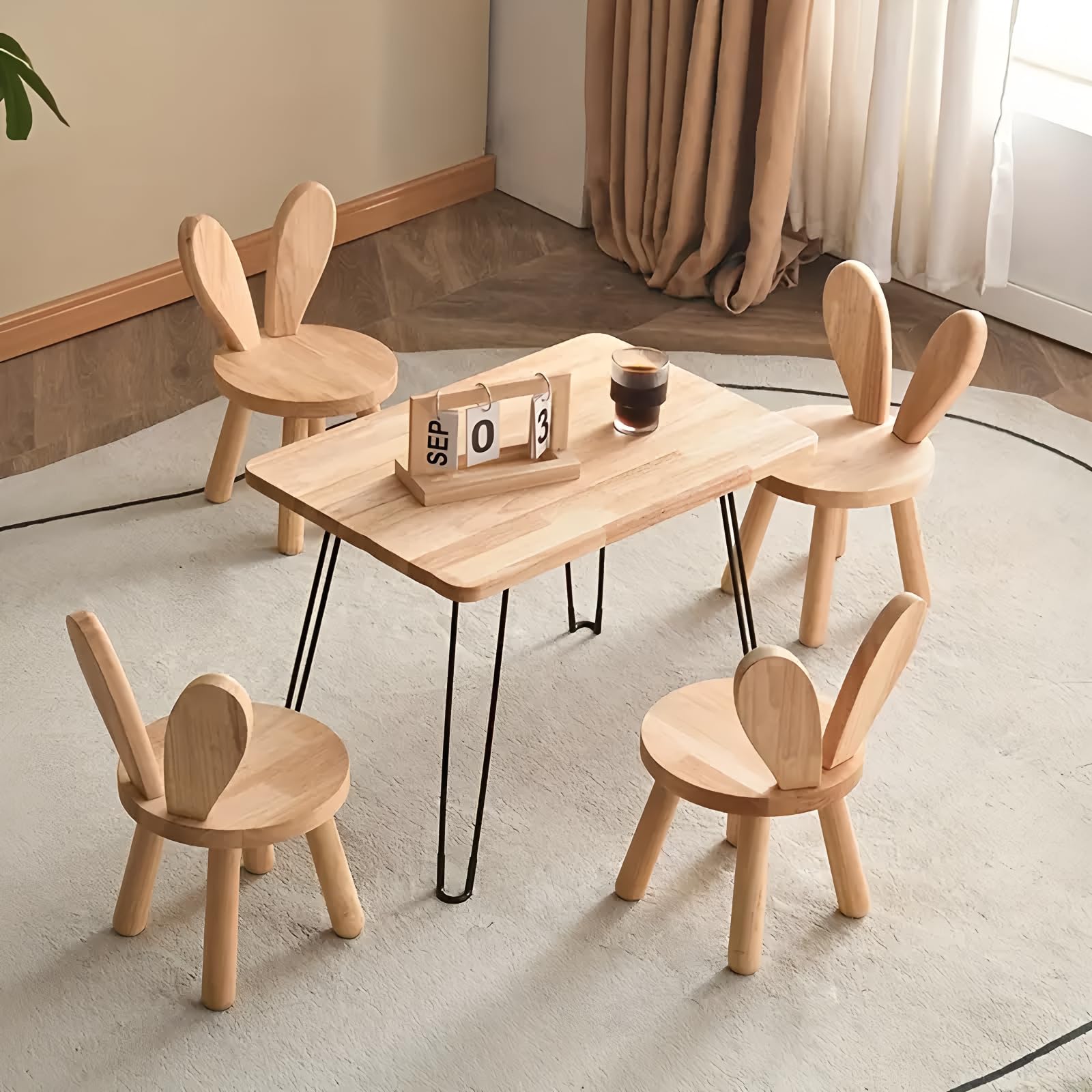 Silla de conejo de madera maciza, bonita silla multifuncional de madera de goma resistente para sala de estar, dormitorio, sala de juegos, fácil montaje, diseño cómodo y seguro (sin pelo, 4