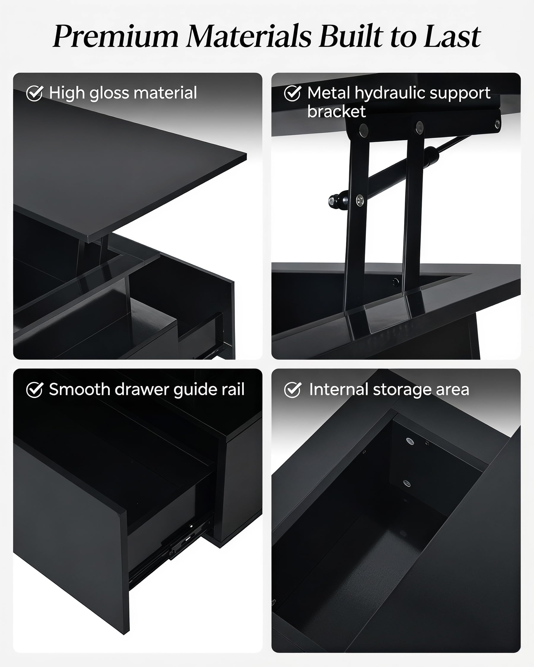 Mesa de Centro Elevable y Extensible Negro con Almacenaje y Luz LED Moderna para Salón