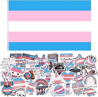 QUEEN KING 3x5 FT Transgender Pride Flag and 60 Pcs Transgender Pride Stickers Trans Rainbow flag Trans Rainbow Banner Pink Blue Rainbow LGBT Pride Month Parade Flags Polyester with Brass Grommets