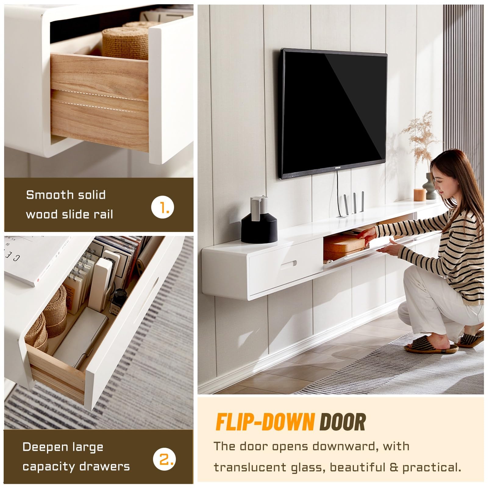 Mobile TV sospeso Bianco Moderno, consolle multimediale a Parete con cassetti, Gestione dei Cavi, Centro di intrattenimento in Legno massello, Elegante ripiano Porta TV (Naturale-A, 240x24x2