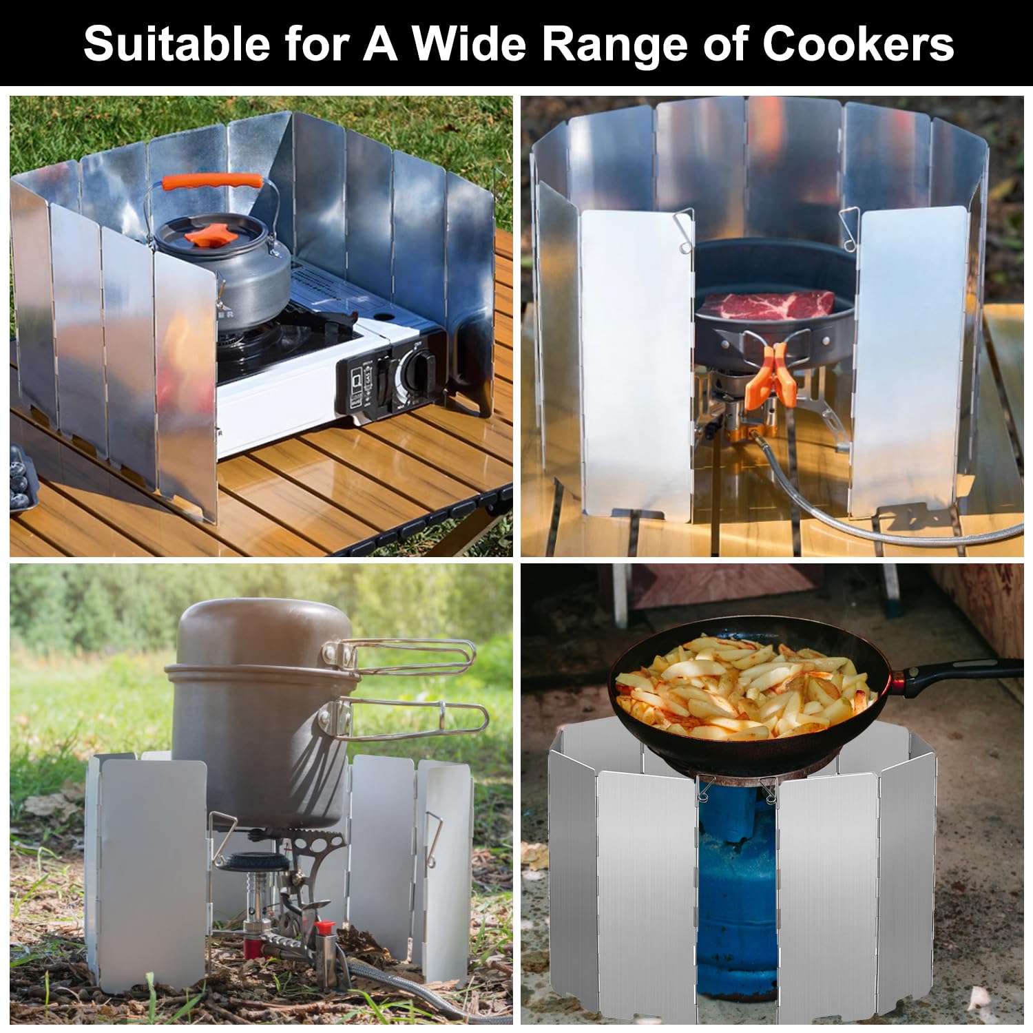 12 Placas Parabrisas Plegable para Camping, Parabrisas Plegable y Portátil, Protectora Paravientos de Aluminio, Estufa al Aire libre Parabrisas, Cortavientos Plegable para Cocina o Gas de Camping