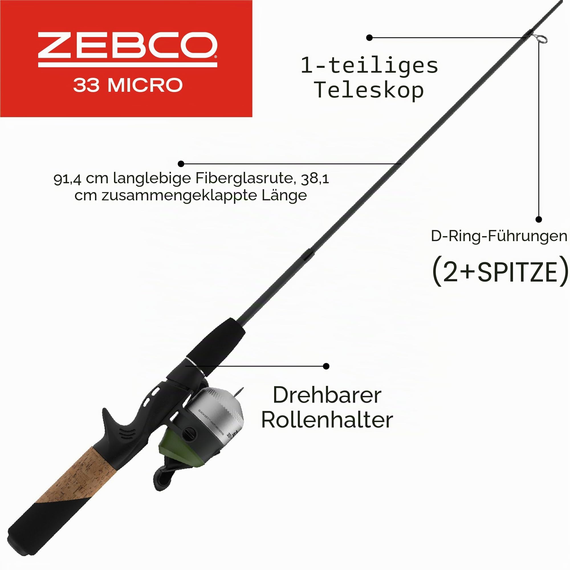Zebco 33 Micro Teleskop-Spincast-Abenteuer-Kombi, 91,4 cm - Spincasting - Fishing Combo - 36 Zoll - Fiberglas - Medium Power - 4 lb Monofilament - 6 lb Kapazität