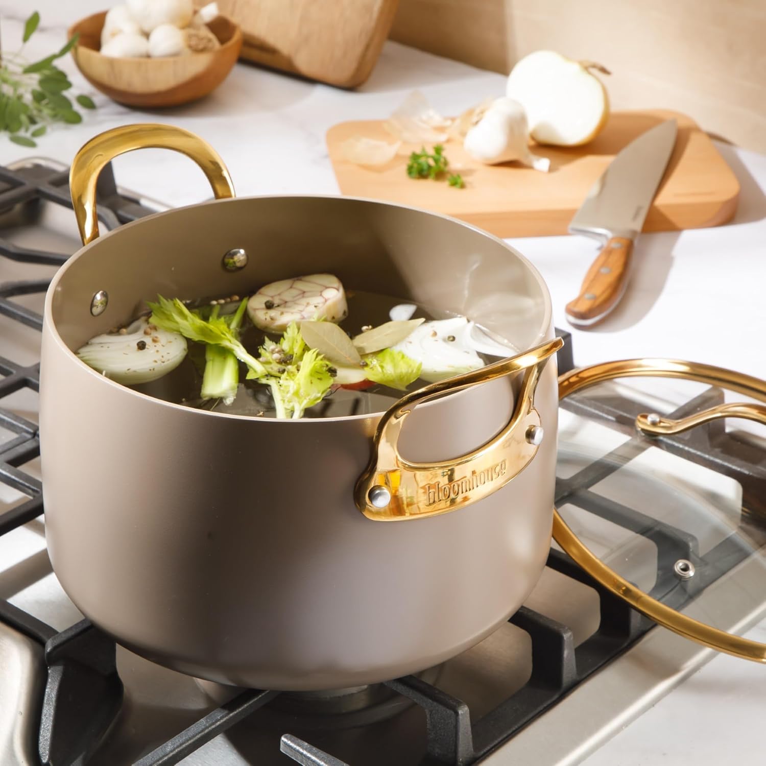 Bloomhouse - Two Time Oprah's Favorite Things Winner - 8 Quart Stock Pot w/Lid – PFAS-Free Ceramic Nonstick Dutch Oven Heavy Duty Aluminum Oven Safe Dishwasher Safe Cappuccino Cream w/Gold Handles