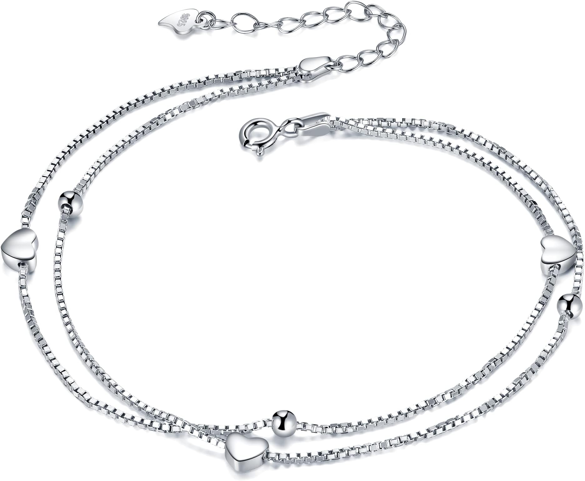 Lydreewam2 Layered Love Heart Anklet Foot Chain 925 Sterling Silver Women Ankle Bracelet for Beach Sandal Barefoot, Adjustable 26cm