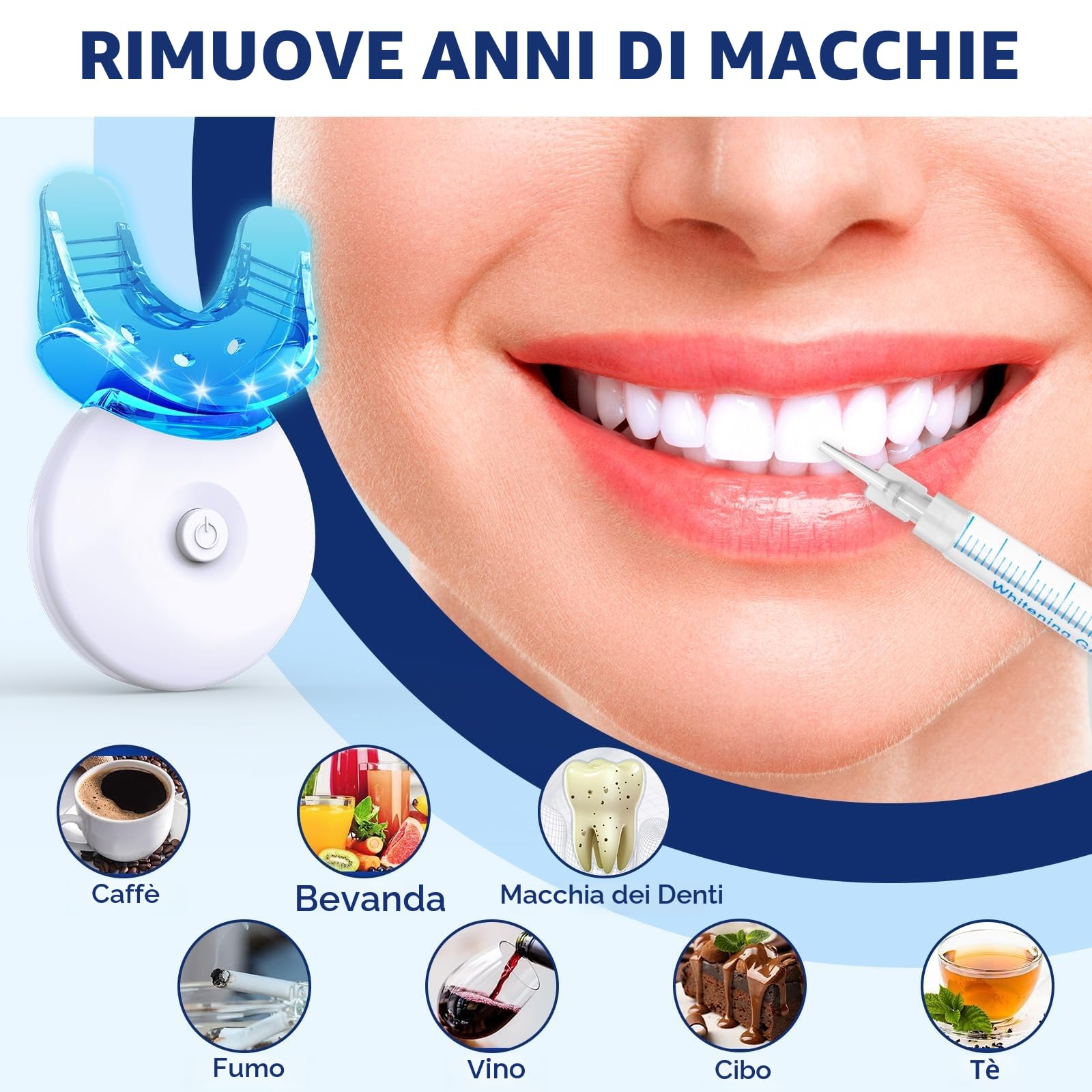 Kit Sbiancante Denti Professionale - Sbiancamento Denti LED 6 Gel + 2 Gel Desensibilizzanti, Rimuove Macchie Profonde