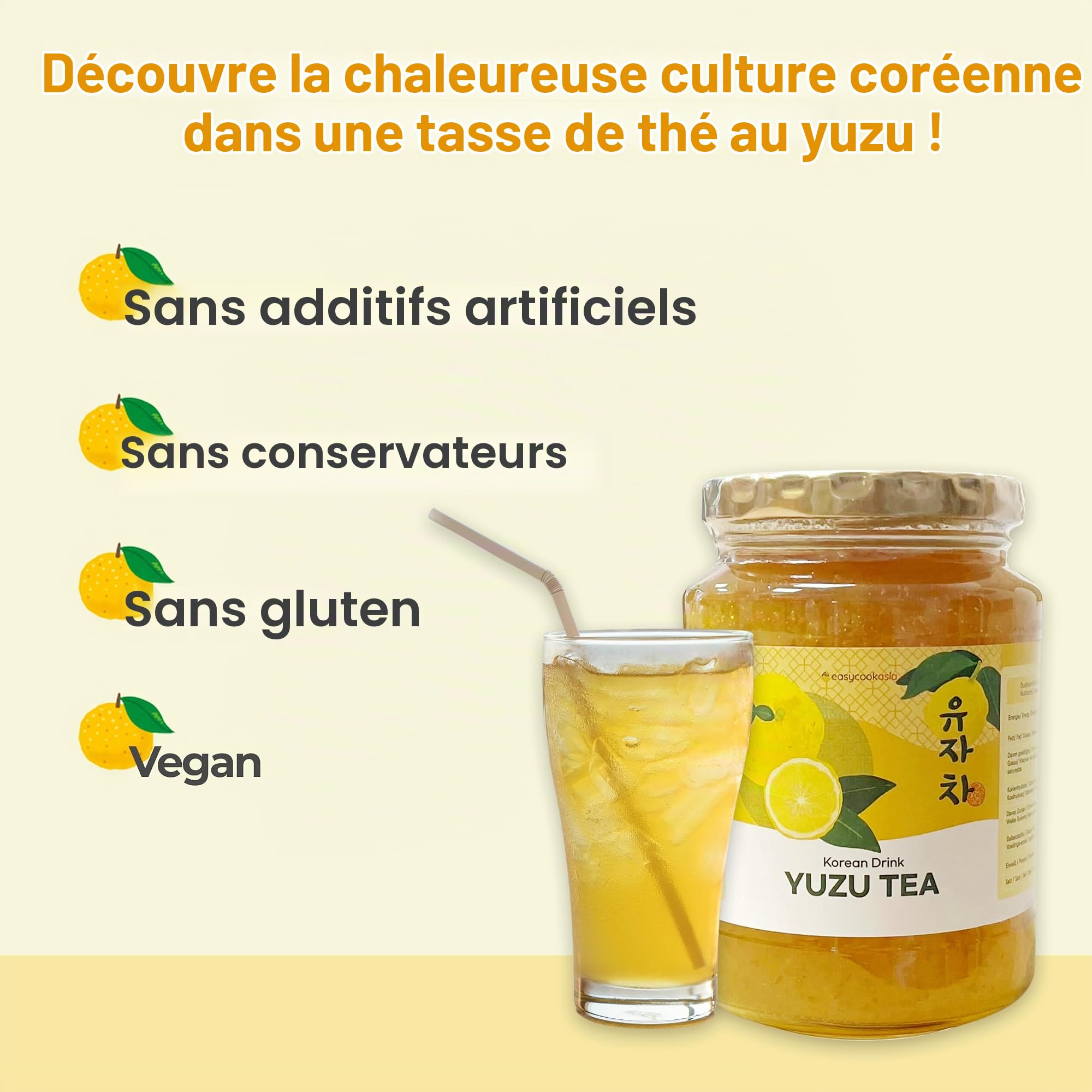 EasyCookAsia Boisson Coréenne – Thé au Yuzu | Fruité, sucré & citronné | Avec vitamine C | Pour boissons chaudes, limonades, cocktails & desserts | Découvrez la tradition asiatique (1kg)