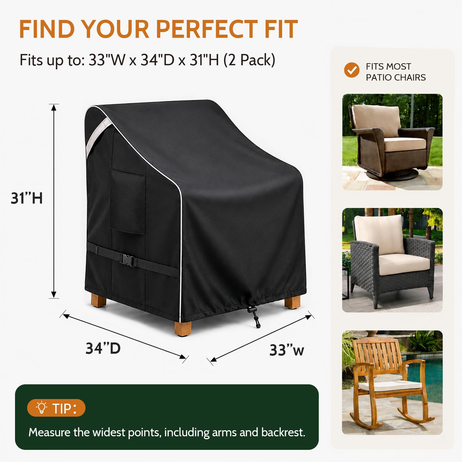 COSFLY Coperture impermeabili per mobili da giardino, resistenti, confezione da 2, durevoli, adatte fino a 83 x 86 x 88 cm (larghezza x profondità x altezza) (nero)