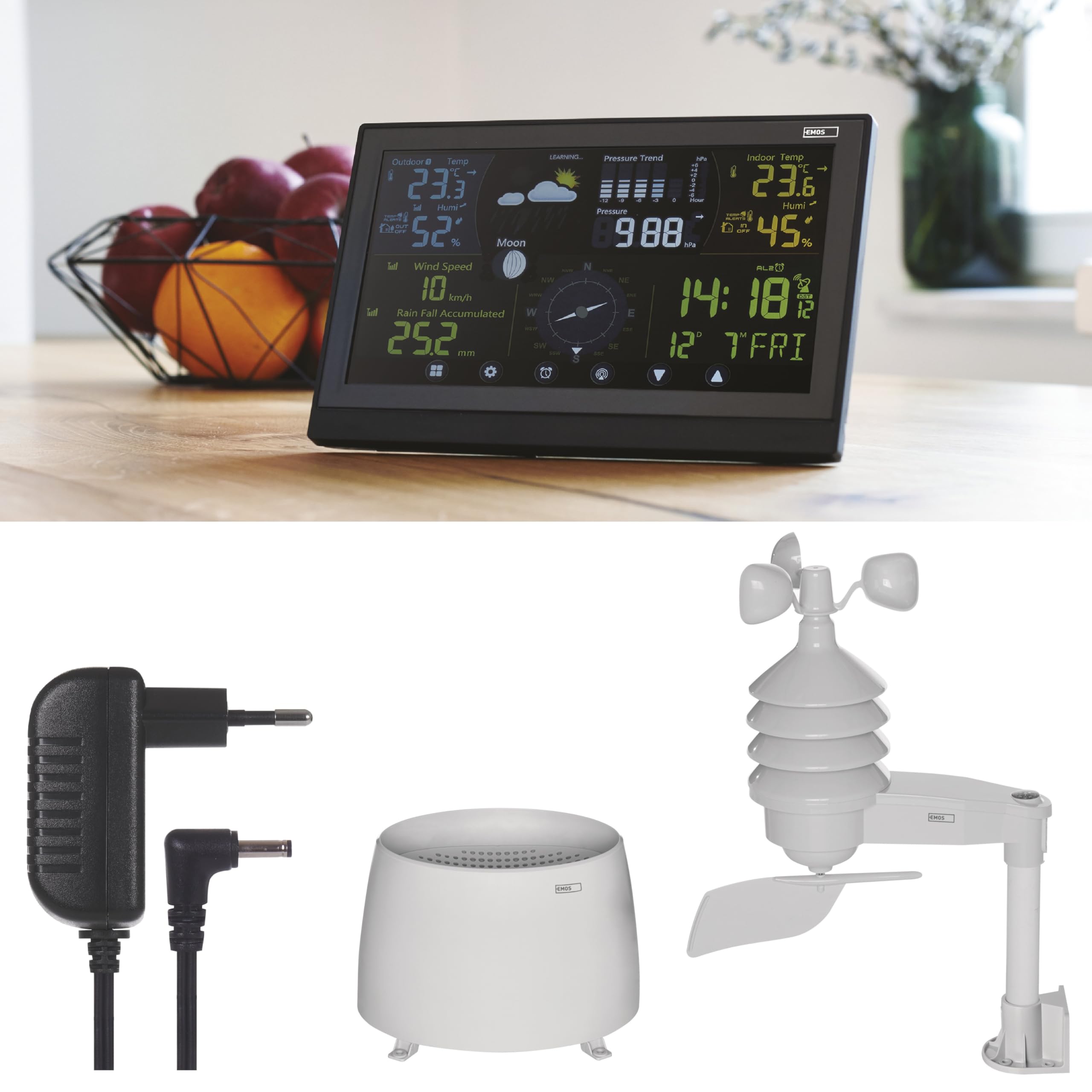 EMOS - profi Funk-Wetterstation mit Außensensor - Touchscreen-Display, Wind- & Regenmesser, Wettervorhersage, Innen/Außentemperatur - DCF Funkuhr - 15 Funktionen - inkl. Netzteil, Wand/Tischhalterung