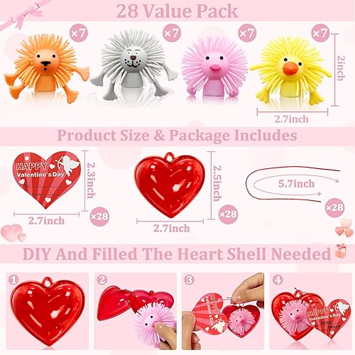 Miniatura 2 de Caja de corazón llena regalos para el día de San Valentín para niños, paquete de 28 tarjetas de San Valentín, marionetas de dedo acolchadas con