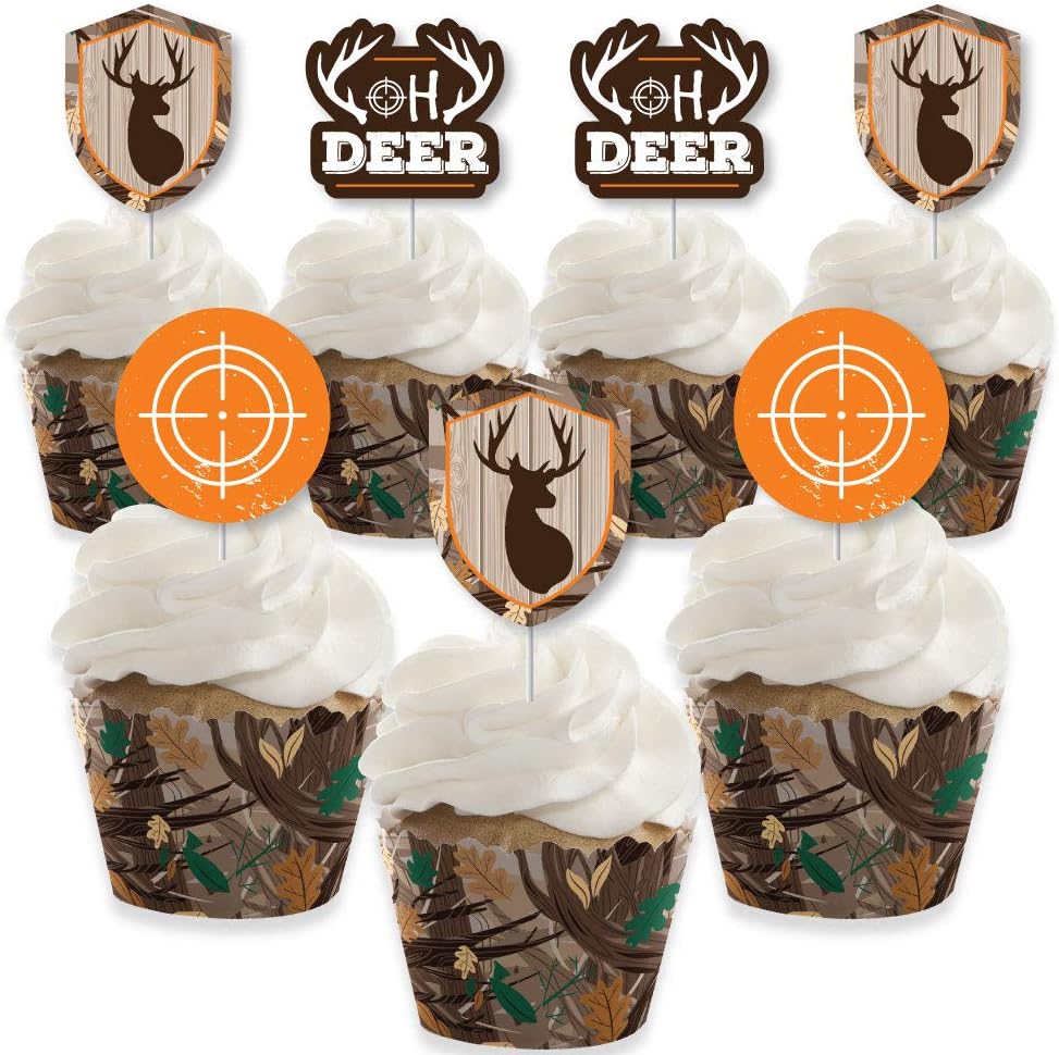 Big Dot of Happiness Gone Hunting - Cupcake Decoration - Deer Hunting Camo Baby Shower or Birthday Wrappers and Treat Picks Kit - Set of 24