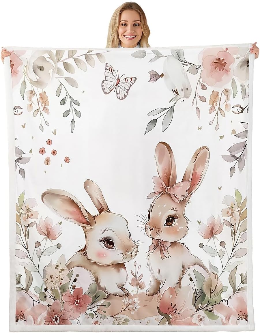 Erosebridal Pink Kawaii Rabbit Girls Queen 90"X90" Fleece Blanket Cartoon Animal Happy Easter Kids Sherpa Blanket Cute Easter Rabbit Throw Bed Blanket Watercolor Flowers Botanical Fuzzy Blanket
