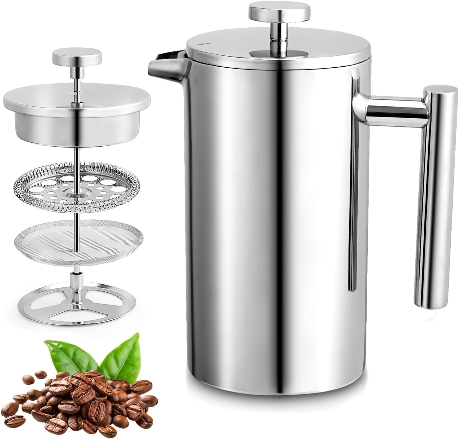 Miuly Small French Press Coffee Maker,Stainless Steel Insulated Coffee Press with 3 Fliters 0.35 Liter (12oz, Silver)
