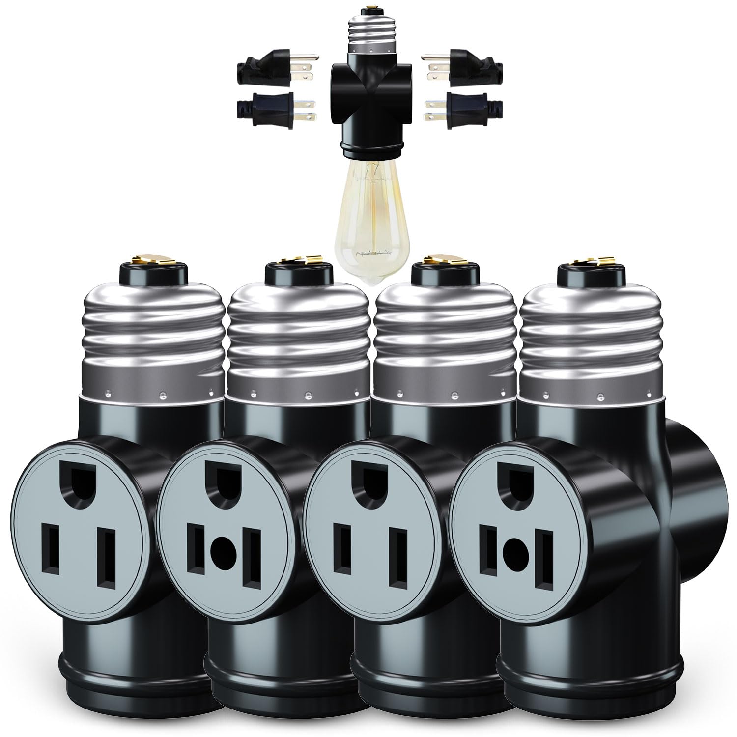 4 Pack, Light Socket to Plug Adapter, Convert E26 Light Socket to 3-Prong Outlet Adapter and Light Bulb Socket (White)