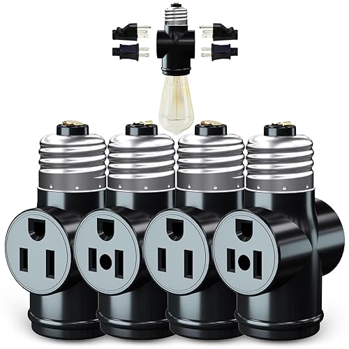 Miniatura 14 de Paquete de 2 adaptadores de enchufe de luz a enchufe, convierte el enchufe de luz E26 a adaptador de salida de 3 clavijas y enchufe de bombilla