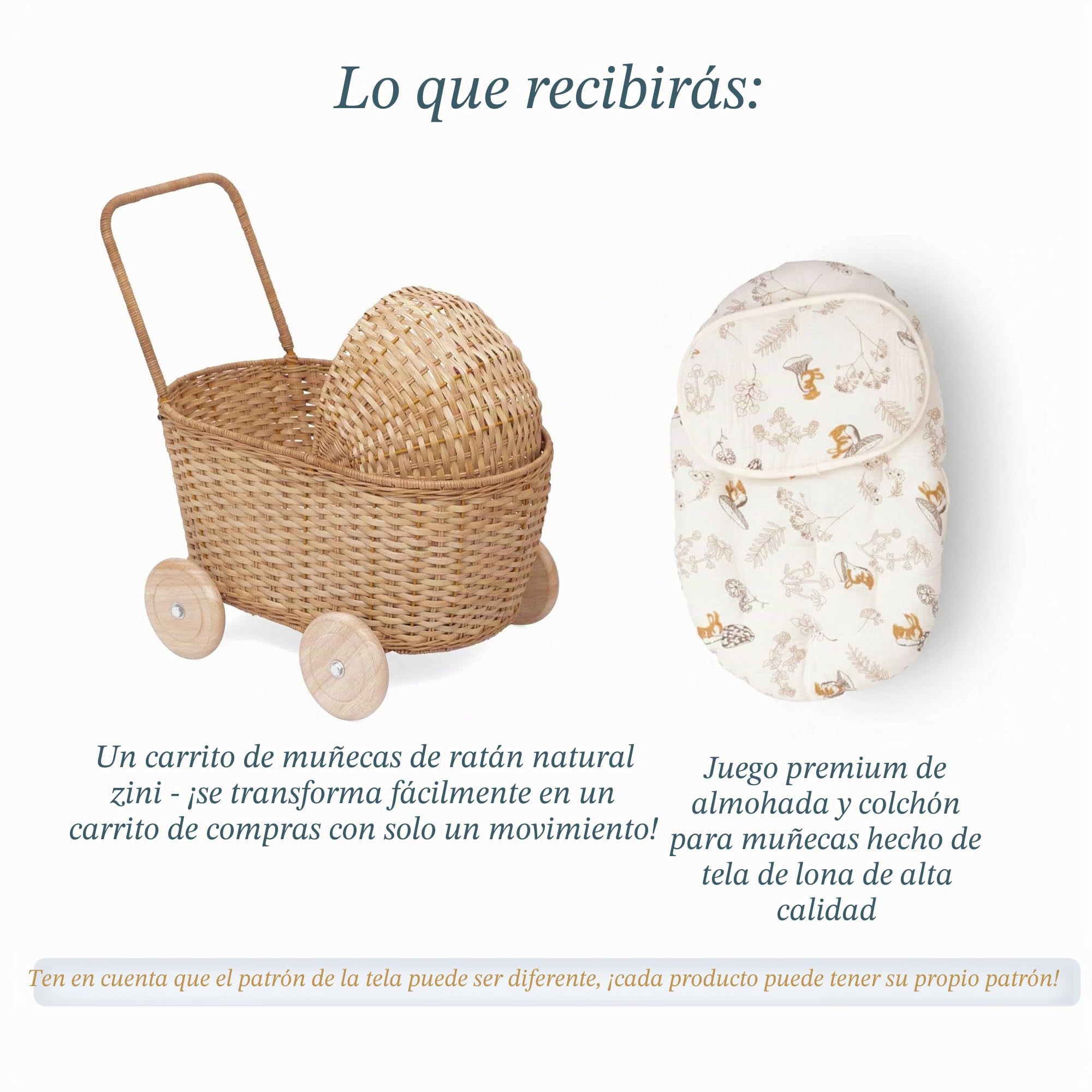 GON Stroller – Cochecito de mimbre 3 en 1 para muñecas, carrito de la compra y andador para niños, hecho a mano de materiales naturales, con cojín y colchón, cochecito de madera para muñecas a partir