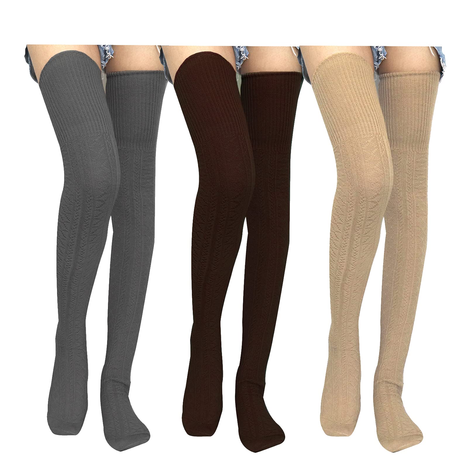 Extpro 3 Pairs Knitted Thigh High Socks Extra Long Cotton Knee High Boot Stockings Leg Warmers for Women