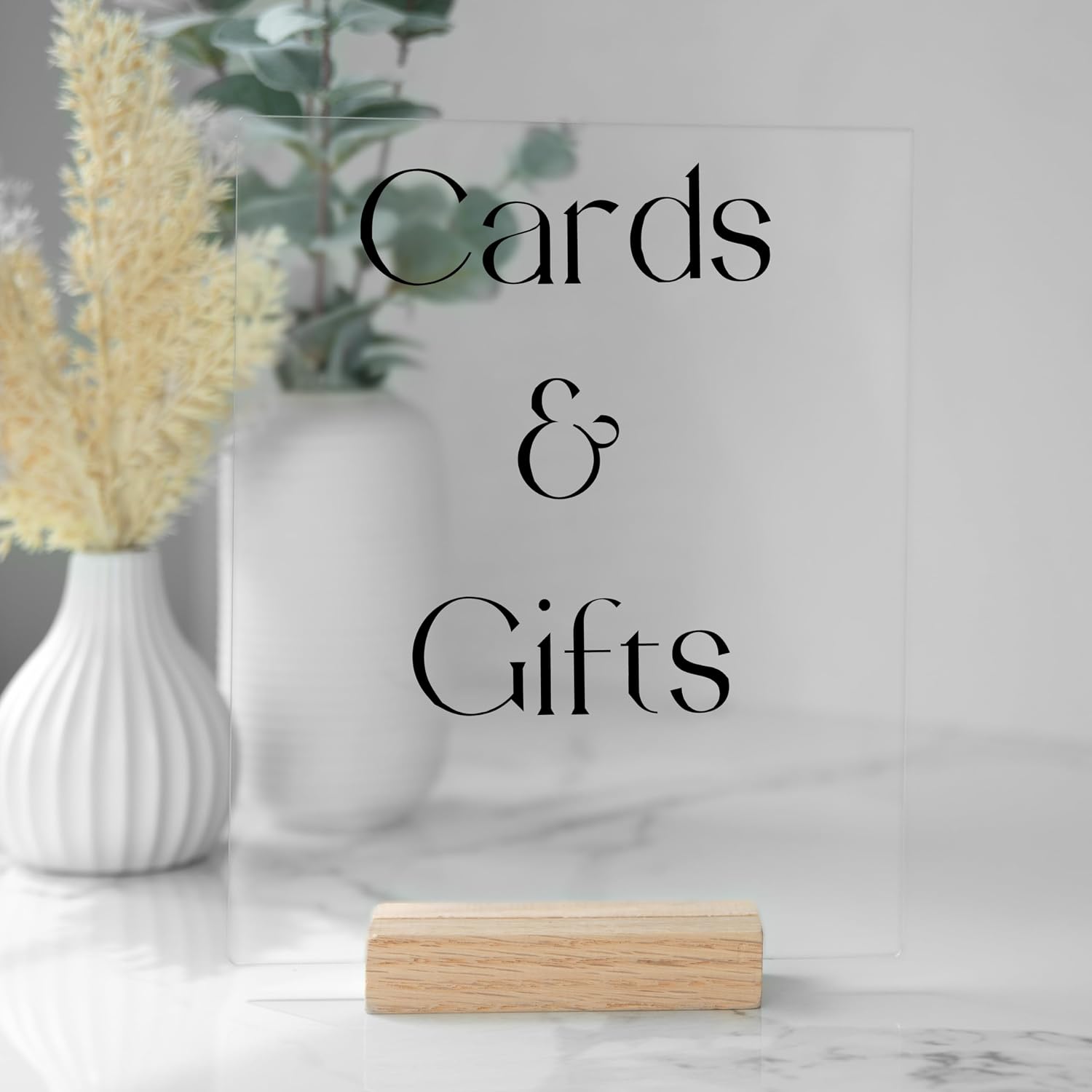 Ilyapa Acrylic Sign Holders with White Wood Stands, 8 Pack - Small 5x6 Inch Blank Table Numbers Set for Wedding