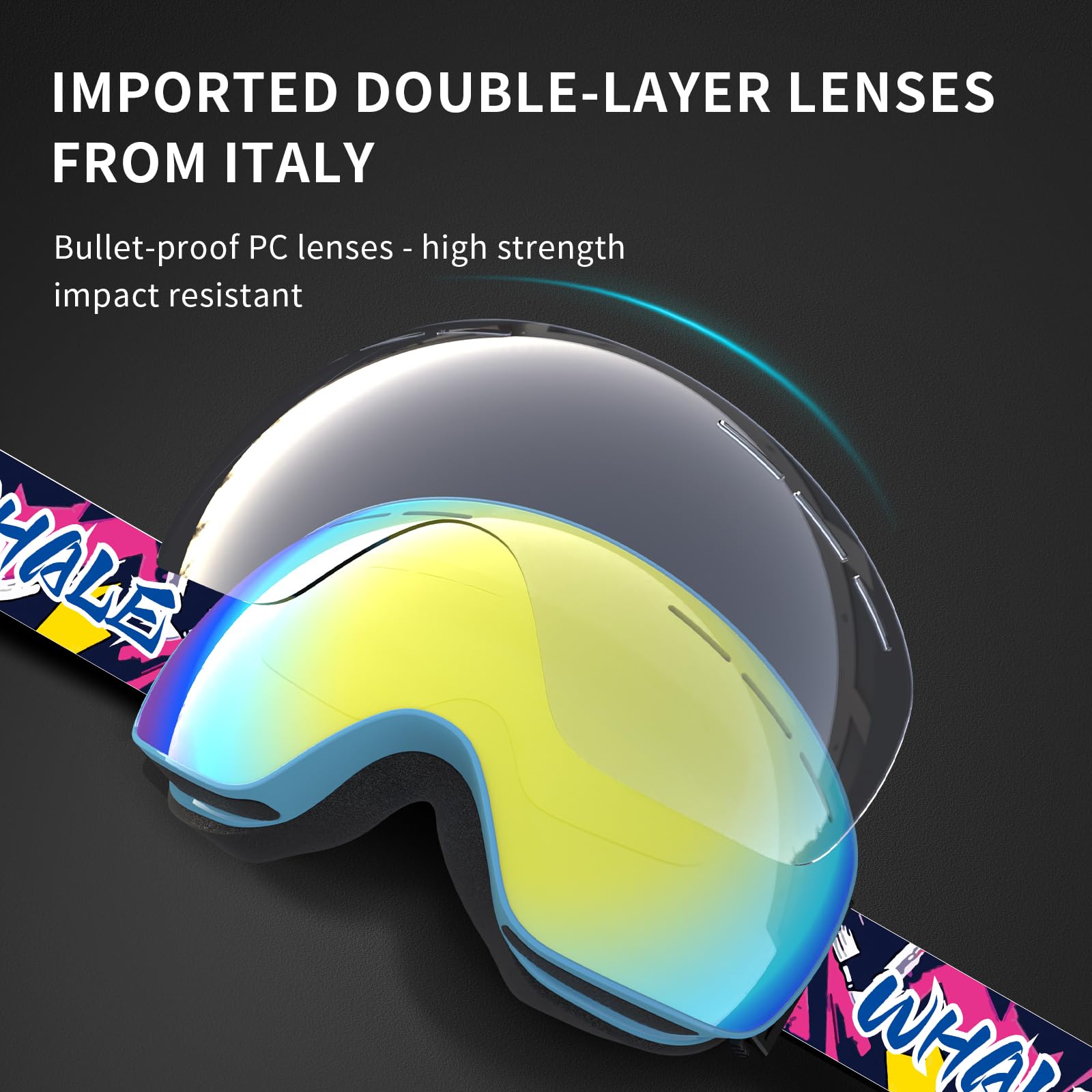 Whale Lunettes de ski OTG anti-buée sans monture pour homme, femme et jeune – Protection UV à 100 %