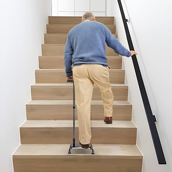 Stair Climbing Assist Cane for Elderly, Adjustable 2-in-1 Walking Stick Stair Lift Aid with Non-Slip Base, Ergonomic Handle, and Four-Legged Stability,330 lbs, Black