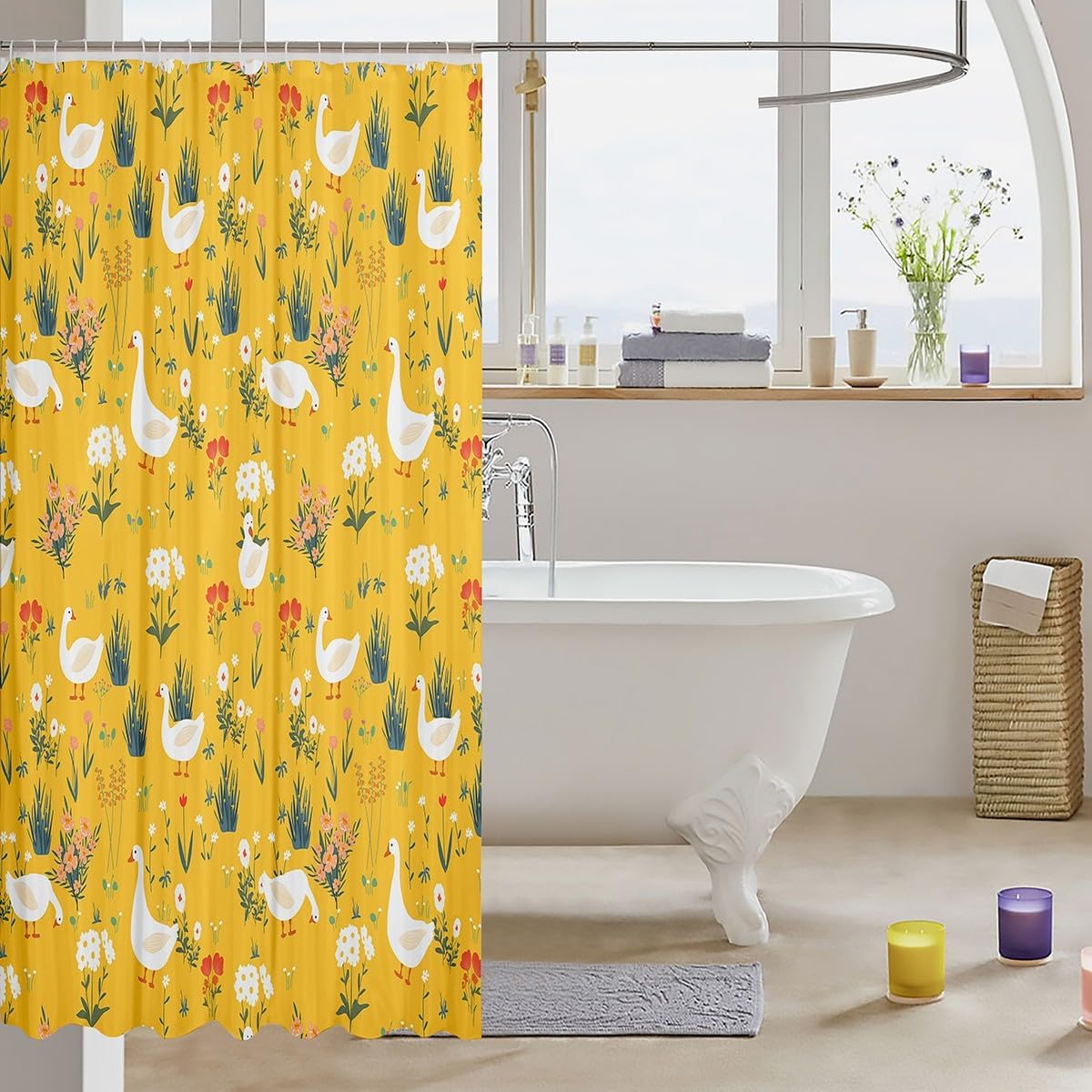 Erosebridal Wildlife Flowers Shower Curtain 72x78,Rustic Goose Duck Bathroom Curtain for Kids Boys Girls,Garden Leaves Plants Bath Curtain,Farm Animal Waterproof Shower Curtain Home Room Decor