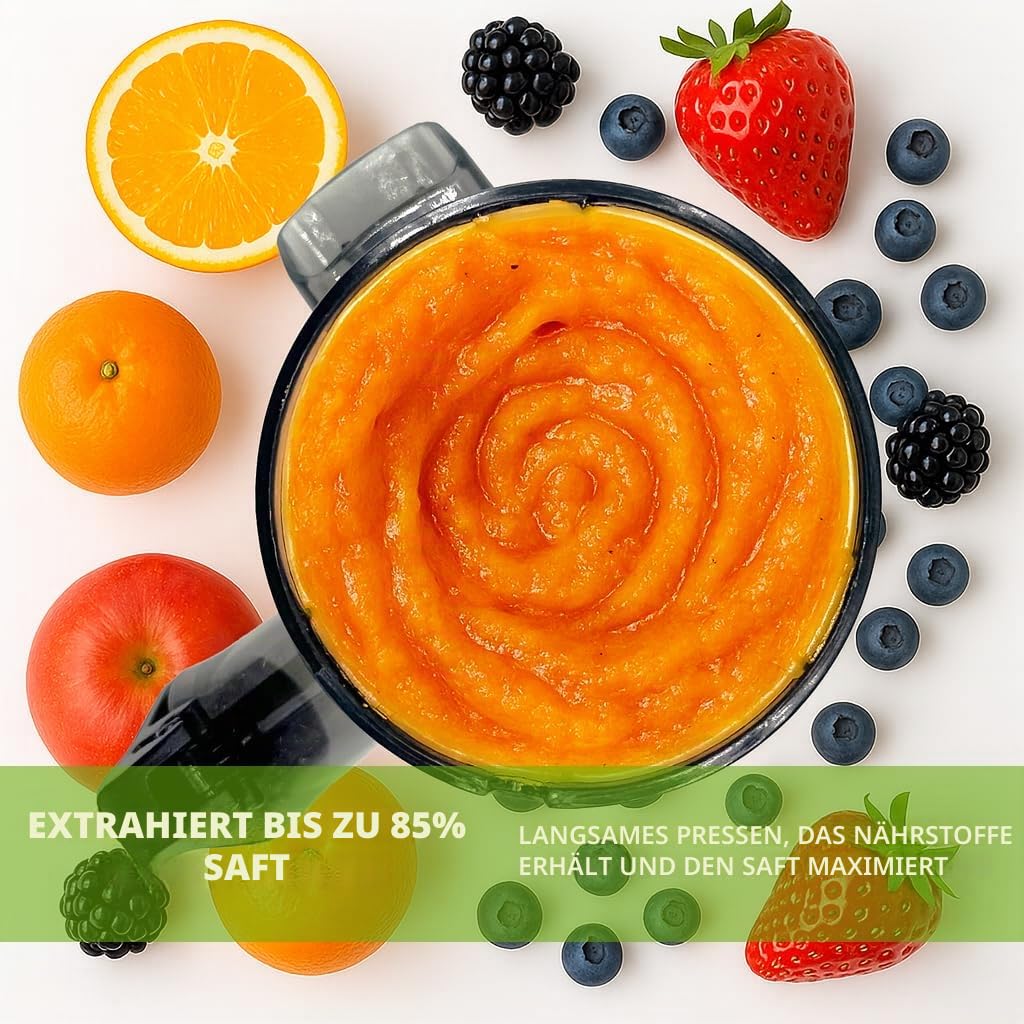 Zuminstant Compact Elektrische Saftpresse (Slow Juicer): kaltgepresst, reich an Nährstoffen, schaumfreier Entsafter, platzsparend, für Kleine Räume, für frisches Obst und Gemüse