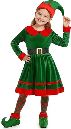 Gortykor Girls Christmas Elf Costume Santas Helper Outfit for Girls Elf Velvet Dress