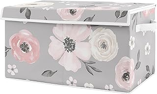Sweet Jojo Designs Grey Watercolor Floral Girl Small Fabric Toy Bin Storage Box Chest For Baby Nursery or Kids Room - Blush Pink Gray and White Shabby Chic Rose Flower Farmhouse