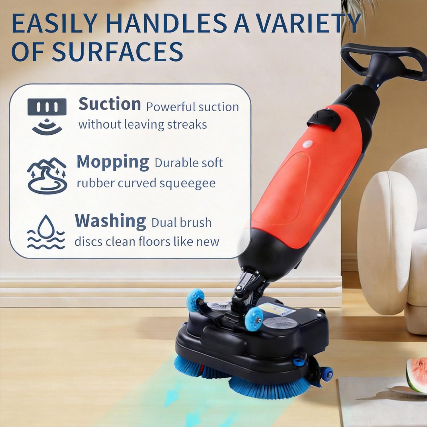 17" Commercial Floor Scrubber Machine, Heavy Duty Floor Buffer Polisher and Cleaner with 360° Rotating Brushes, 13000 Sqft/H Coverage, for Large Areas