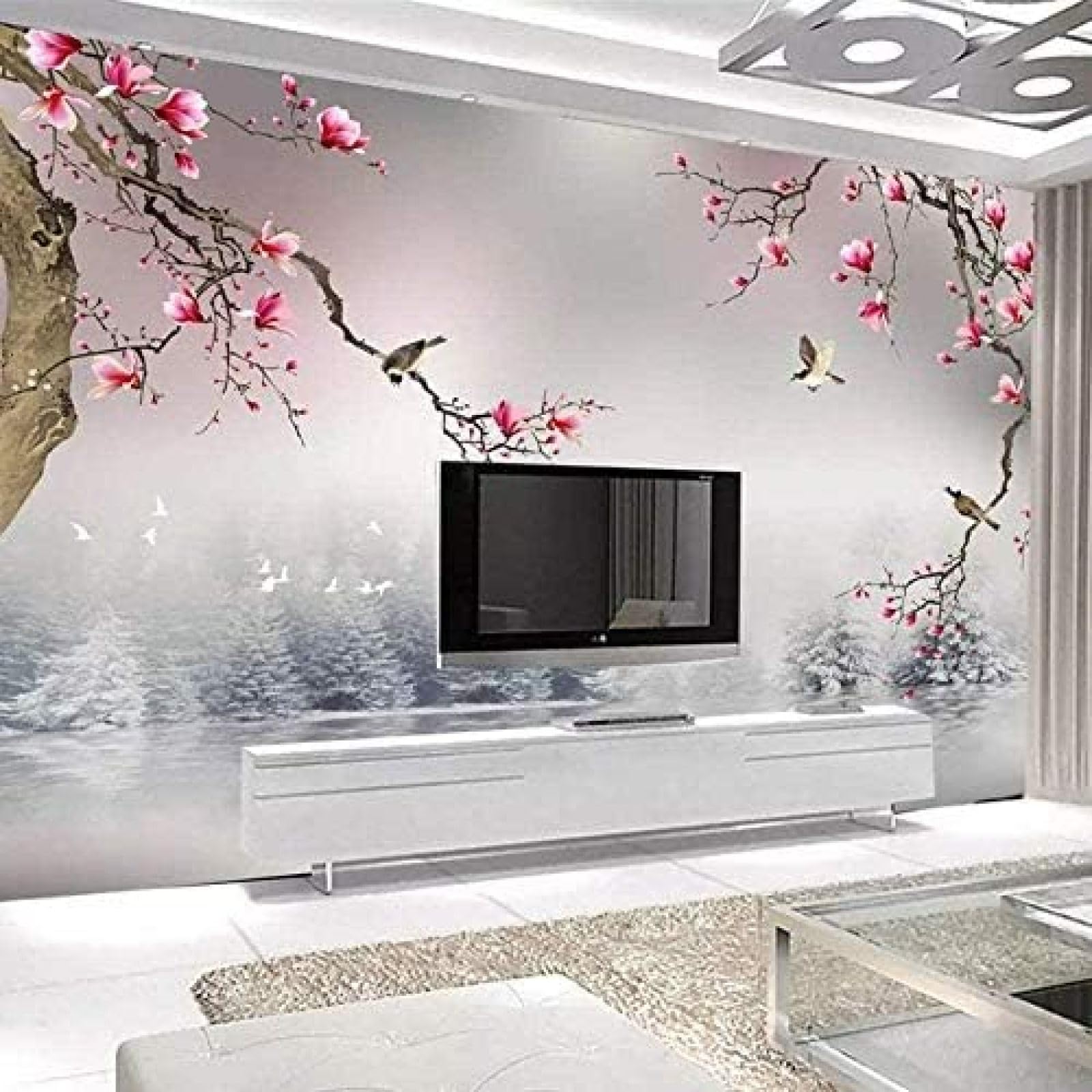 Papier peint 3d intissé oiseau simple magnolia pour relooker un salon sombre