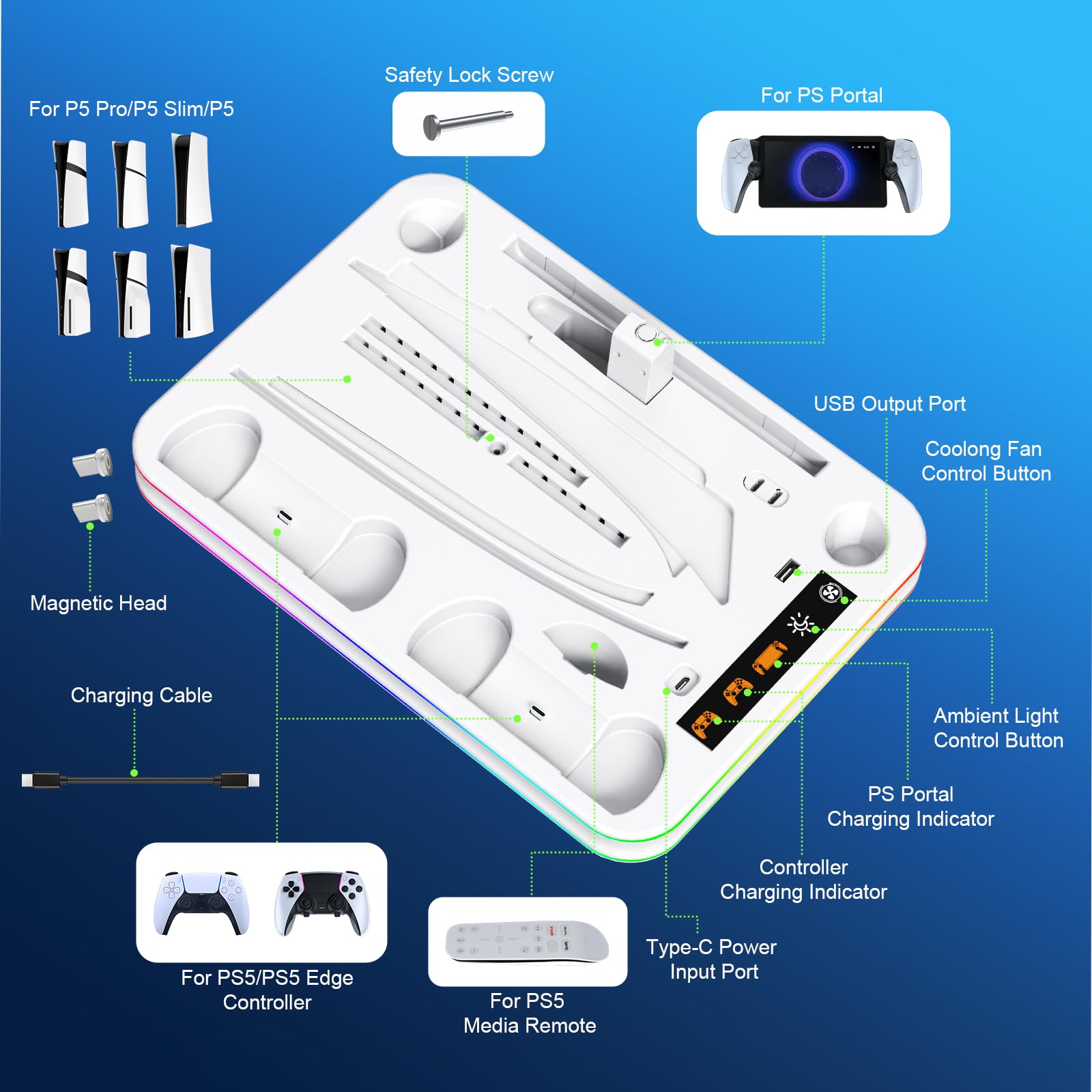 FYOUNG Supporto di raffreddamento e stazione di ricarica tutto in uno per console PS5/Slim/Pro e controller, dock di ricarica per PlayStation Portal, auricolare e supporto remoto con supporto luce RGB