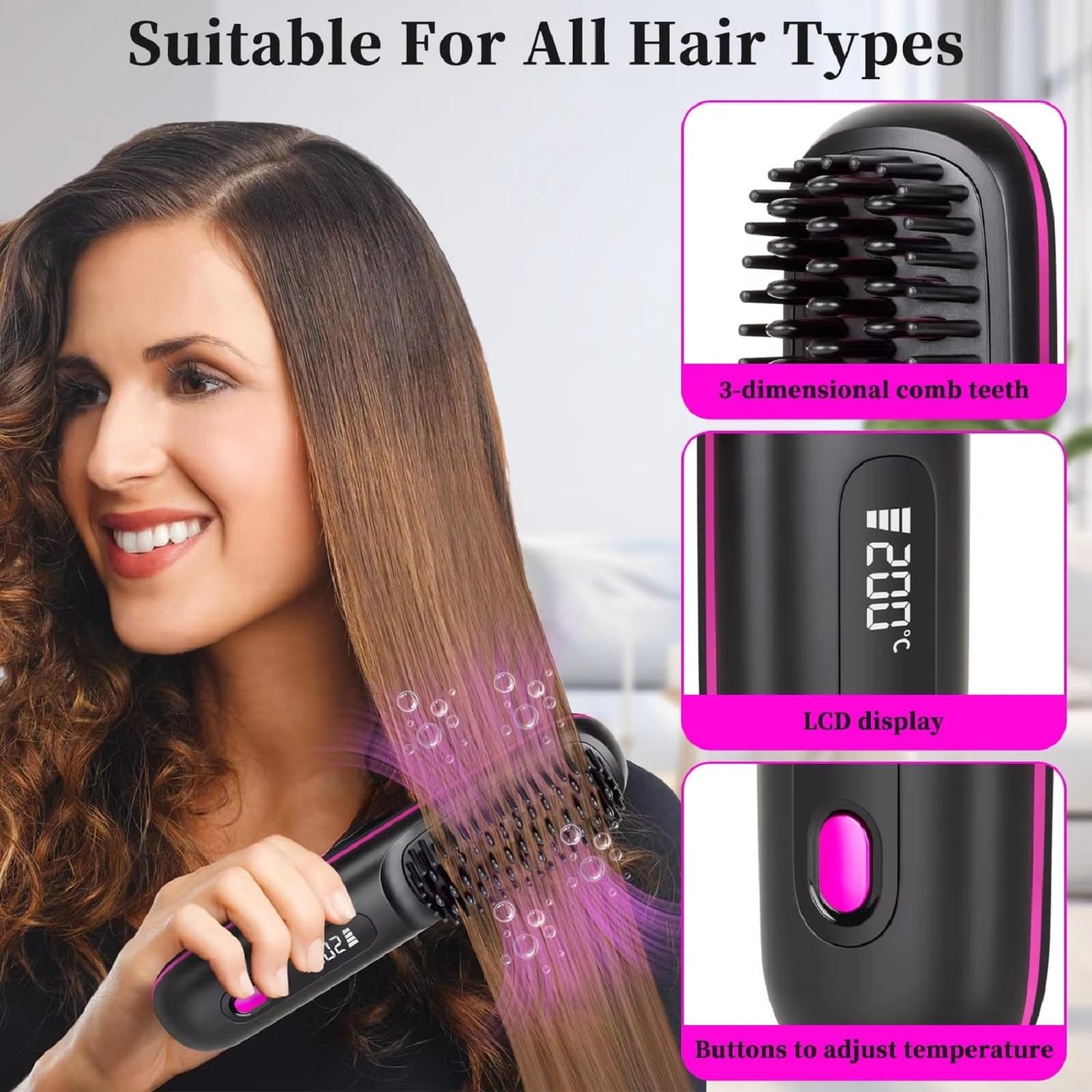 Stylingbürste,Stylingbürste Für Kurze Haare,Glättbürste Kabellos mit LED-Anzeige, Haarbürste Elektrisch, 3 Temperaturstufen, für Glattes, Lockiges und Trockenes Haar,Präzises Styling