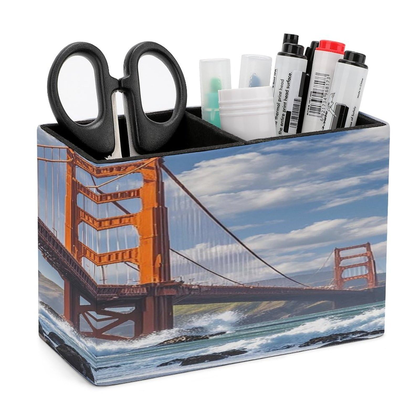 LZQPOEAS Golden Gate Bridge Leather Pen Holder with 2 Compartments Luxury Pencil Holder Minimalist Pencil Cup Brush Scissor Holders Elegant Pen Cup for Office Home Desk Accessories