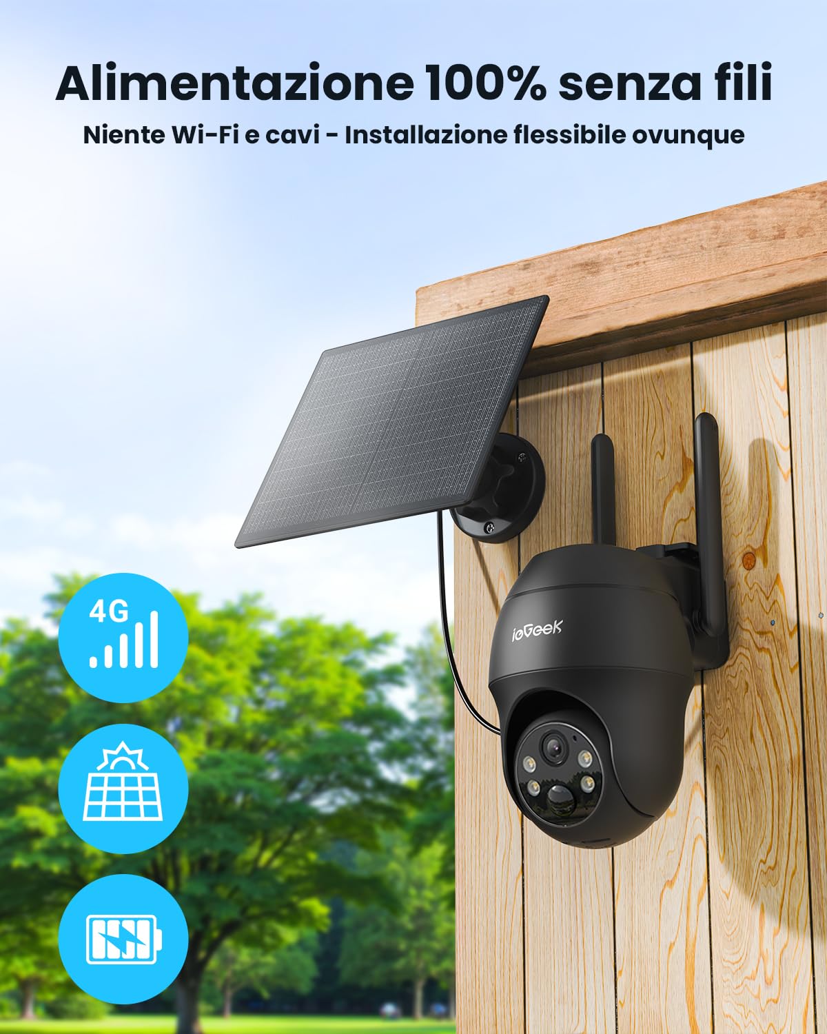 ieGeek 4G Telecamere da Esterno senza Fili, 2K 3MP Telecamera Pannello Solare con Sim, Batteria 10000mAh,PTZ 360°,Rilevamento PIR, Visione Notturna a Colori,IP65,senza WiFi